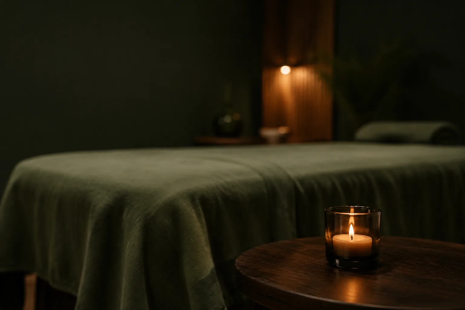 Tänt värmeljus på ett runt träbord bredvid en bäddad massagebänk