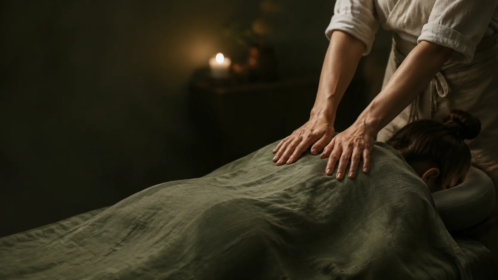 Massör ger ryggmassage till en klient i dämpad belysning hos Therapeia i Lund