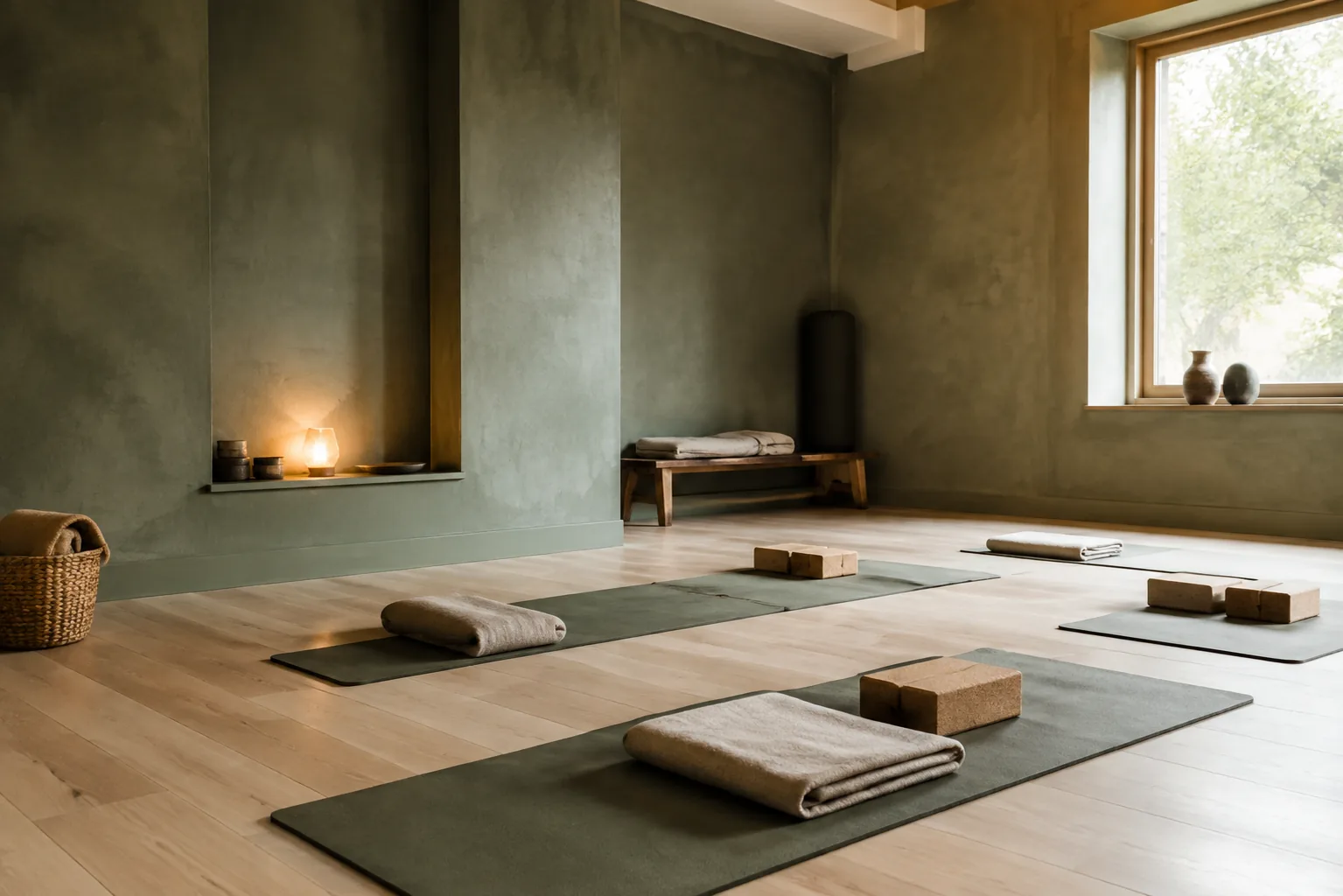 Yogasalen hos Therapeia i Lund med gröna yogamattor, filtar och klossar i varmt dagsljus